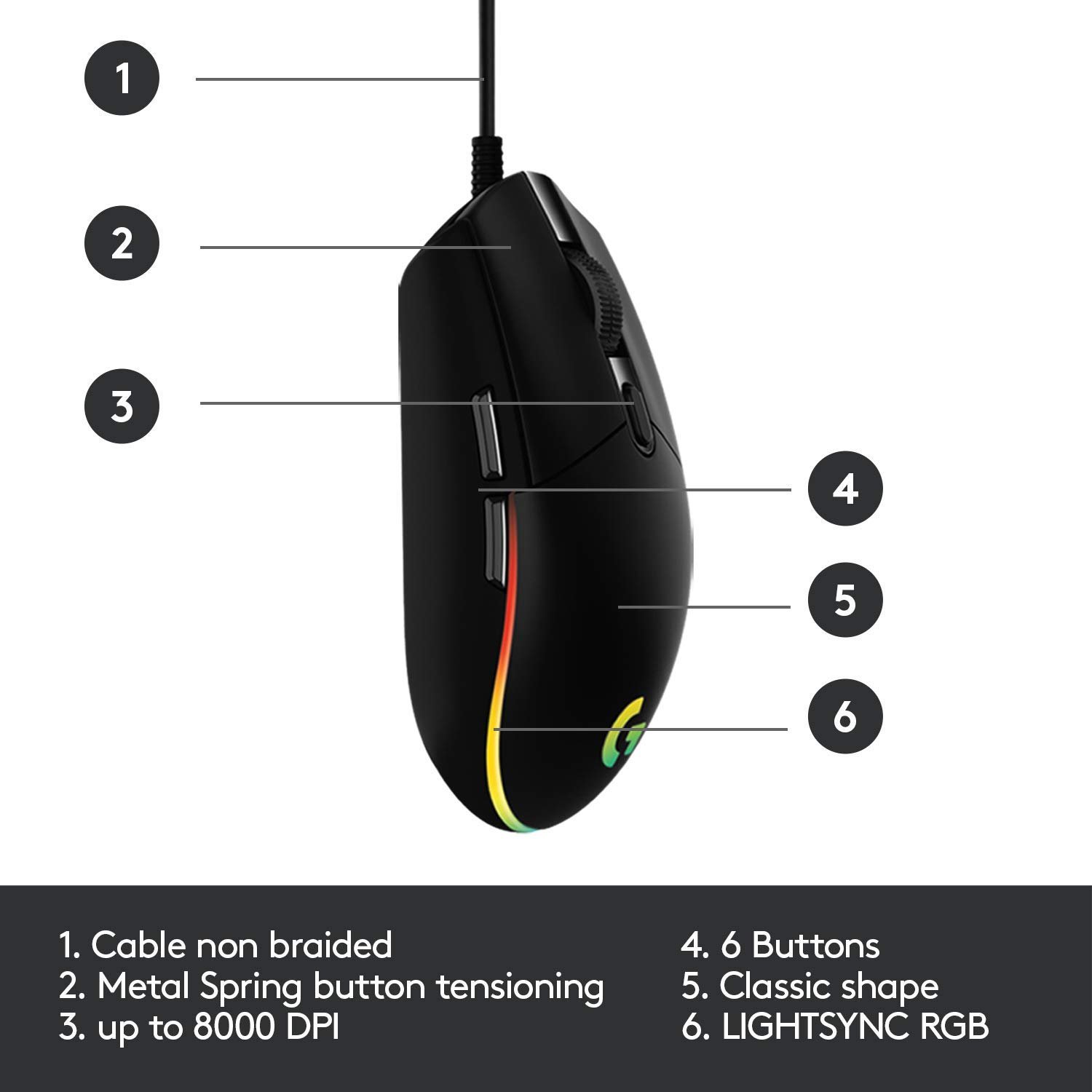 Logitech G102 USB Light Sync Gaming Mouse with Customizable RGB Lighting, 6 Programmable Buttons, Gaming Grade Sensor, 8K DPI Tracking, 16.8mn Color, Light Weight - Black - Image 6