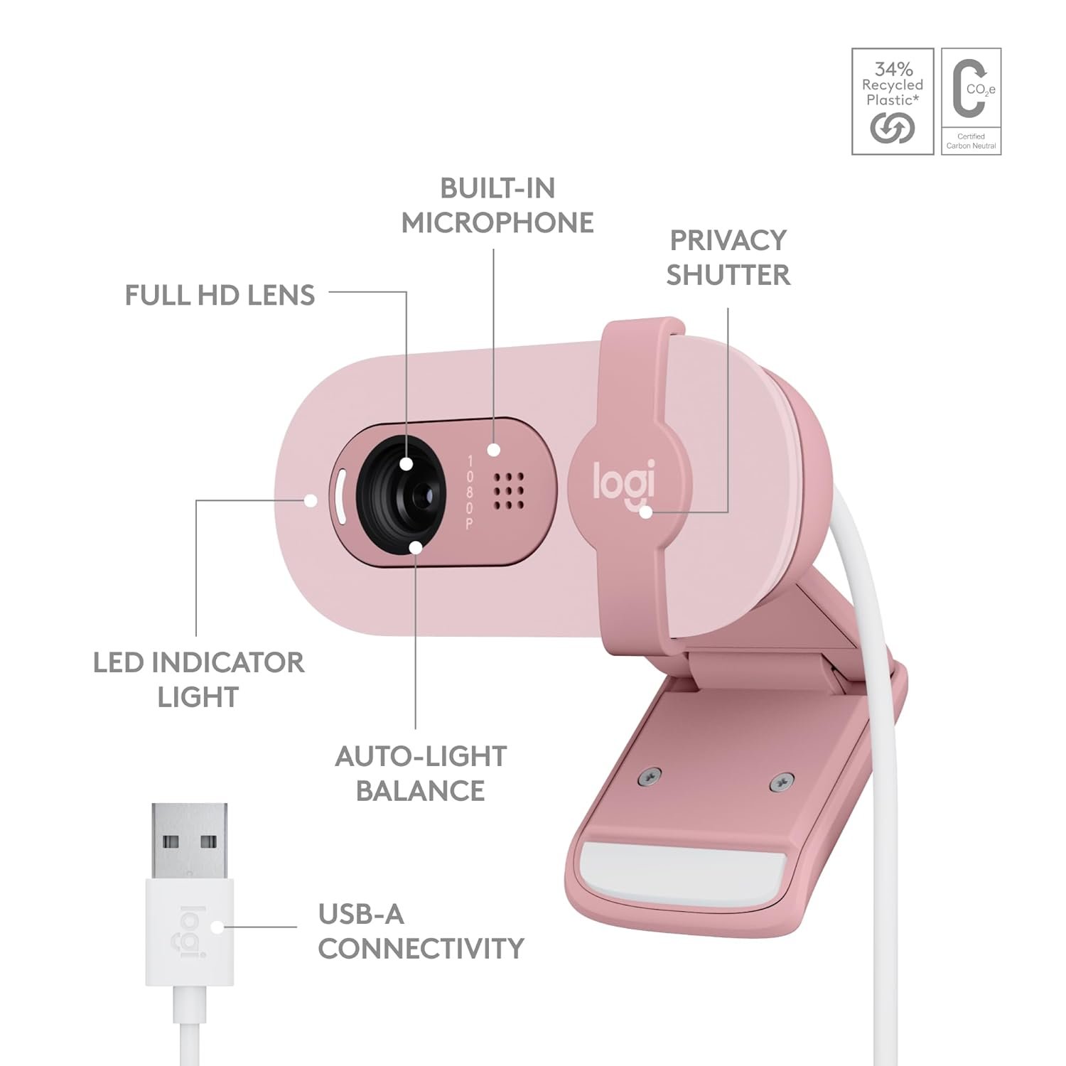 Logitech Brio 100 Full HD Webcam for Meetings and Streaming, Auto-Light Balance, Built-in Mic, Privacy Shutter, USB-A, for Microsoft Teams, Google Meet, Zoom and More- Rose - Image 5