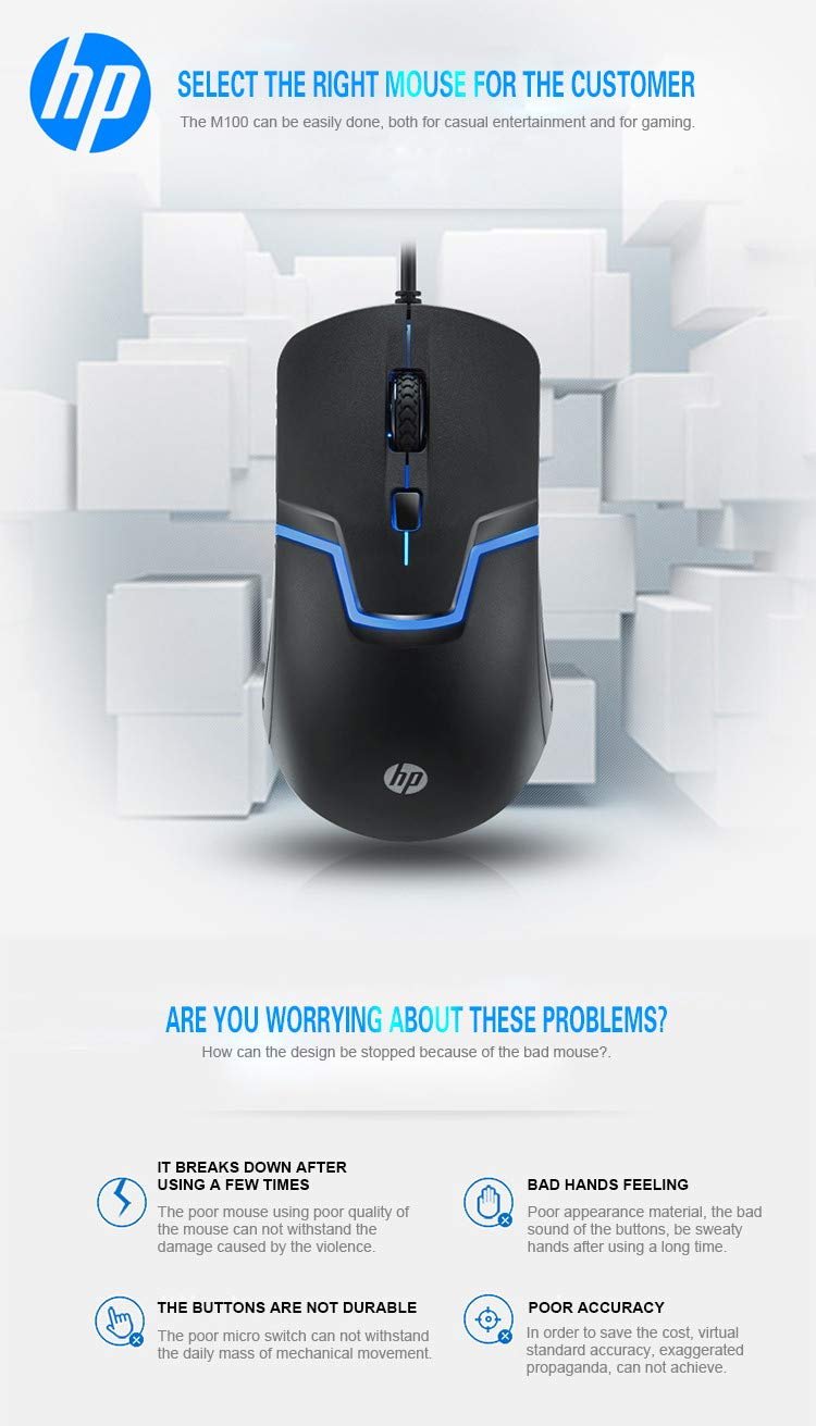 HP M100 USB Wired Gaming Optical Mouse with LED Backlight and Adjustable 1000/1600 DPI Settings, 3 Buttons and Press Life Up to 5 Million Clicks, 1 Year Warranty Black - Image 6