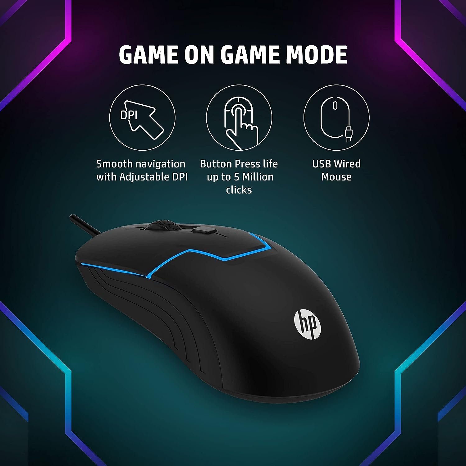 HP M100 USB Wired Gaming Optical Mouse with LED Backlight and Adjustable 1000/1600 DPI Settings, 3 Buttons and Press Life Up to 5 Million Clicks, 1 Year Warranty Black - Image 5