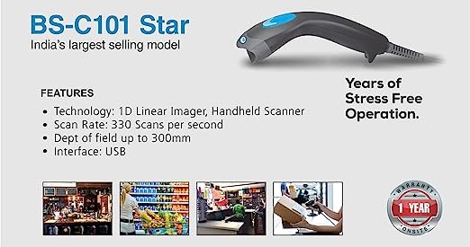 TVS Electronics BS-C101 Star Barcode Scanner |Aim and Shoot Trigger |1D linear imager to scanner |Express Speed of 330 scans per second|plug and play|2500 Pixels|1D CCD Imaging technology| - Image 2