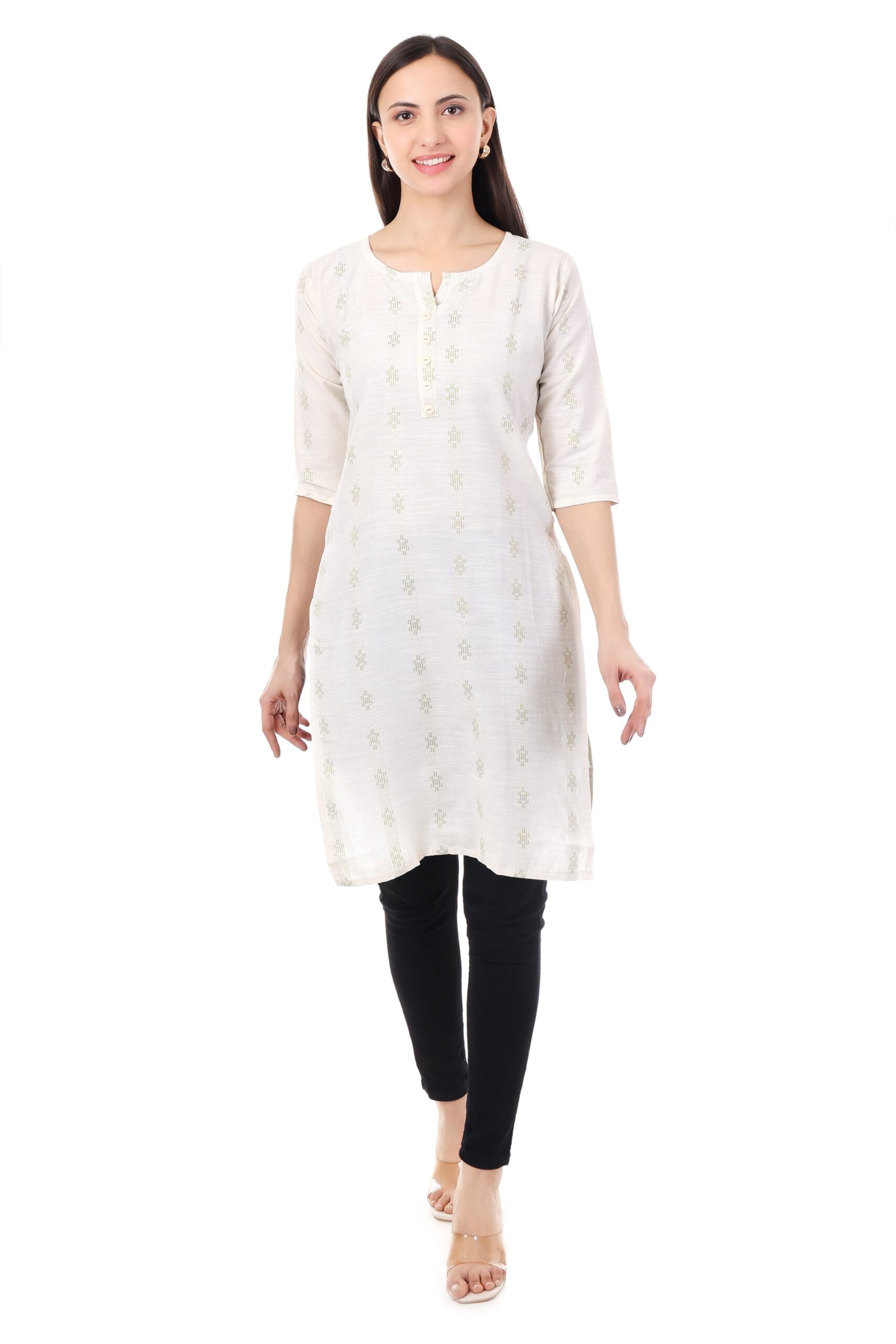 MR ANDERSON'S Women's Cotton Straight Kurta, White with Gold Foil Print, 3/4 Sleeves, Casual Wear ( Only Kurti )