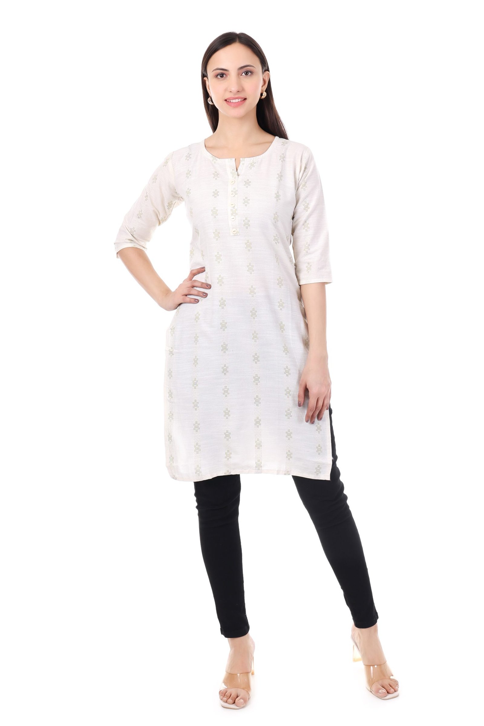 MR ANDERSON'S Women's Cotton Straight Kurta, White with Gold Foil Print, 3/4 Sleeves, Casual Wear ( Only Kurti ) - Image 2
