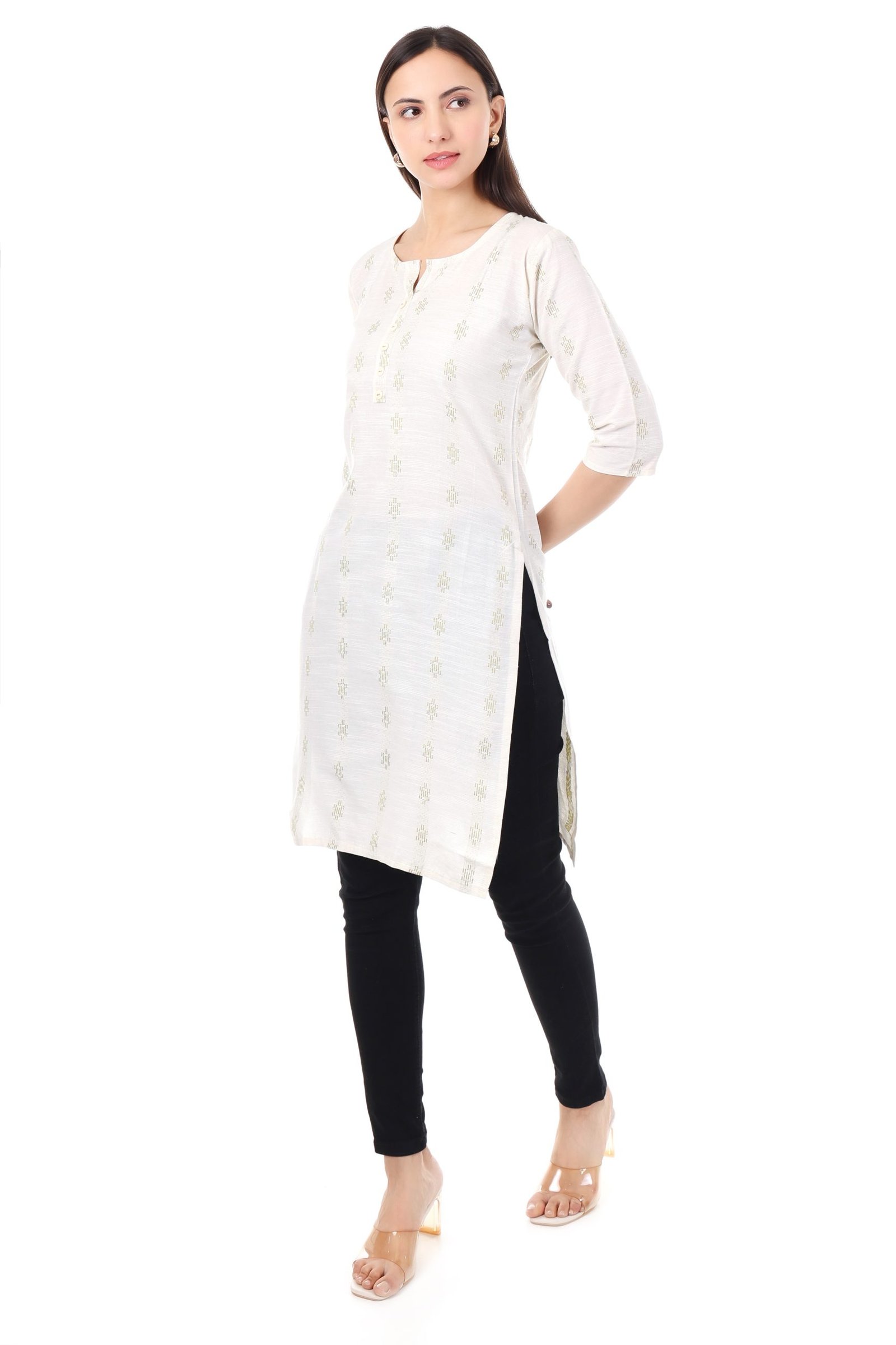 MR ANDERSON'S Women's Cotton Straight Kurta, White with Gold Foil Print, 3/4 Sleeves, Casual Wear ( Only Kurti ) - Image 3