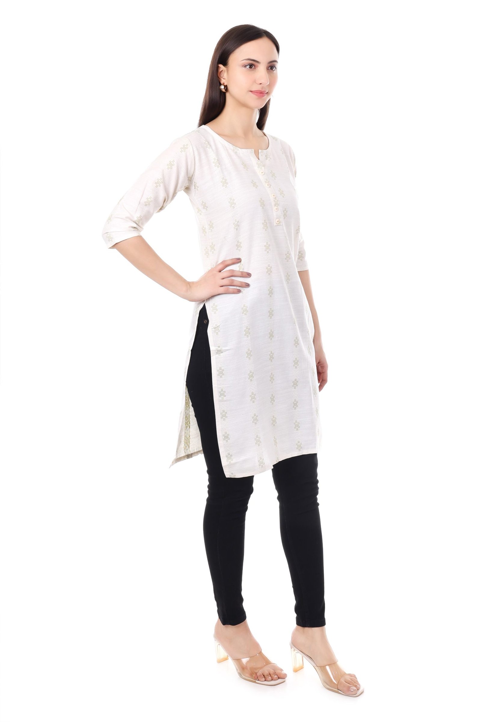 MR ANDERSON'S Women's Cotton Straight Kurta, White with Gold Foil Print, 3/4 Sleeves, Casual Wear ( Only Kurti ) - Image 4