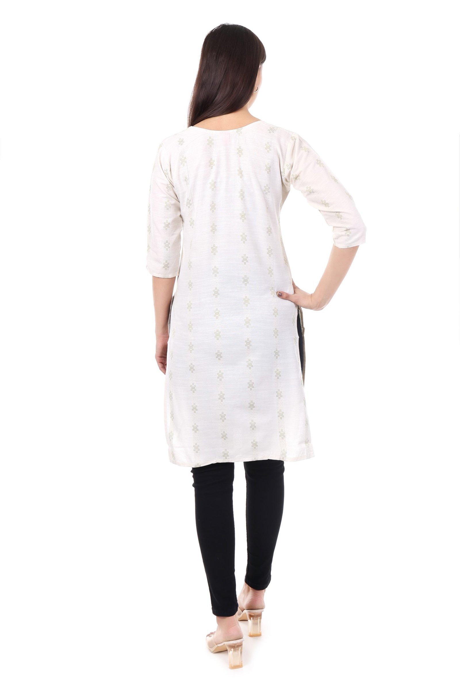 MR ANDERSON'S Women's Cotton Straight Kurta, White with Gold Foil Print, 3/4 Sleeves, Casual Wear ( Only Kurti ) - Image 5