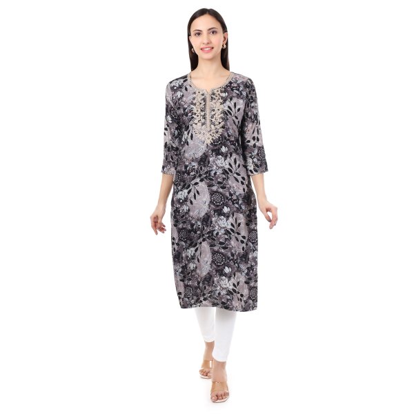 MR ANDERSON'S Women's Floral Print Straight Kurta, 3/4 Sleeve, Grey and Black, Embellished Neckline ( Only Kurti )