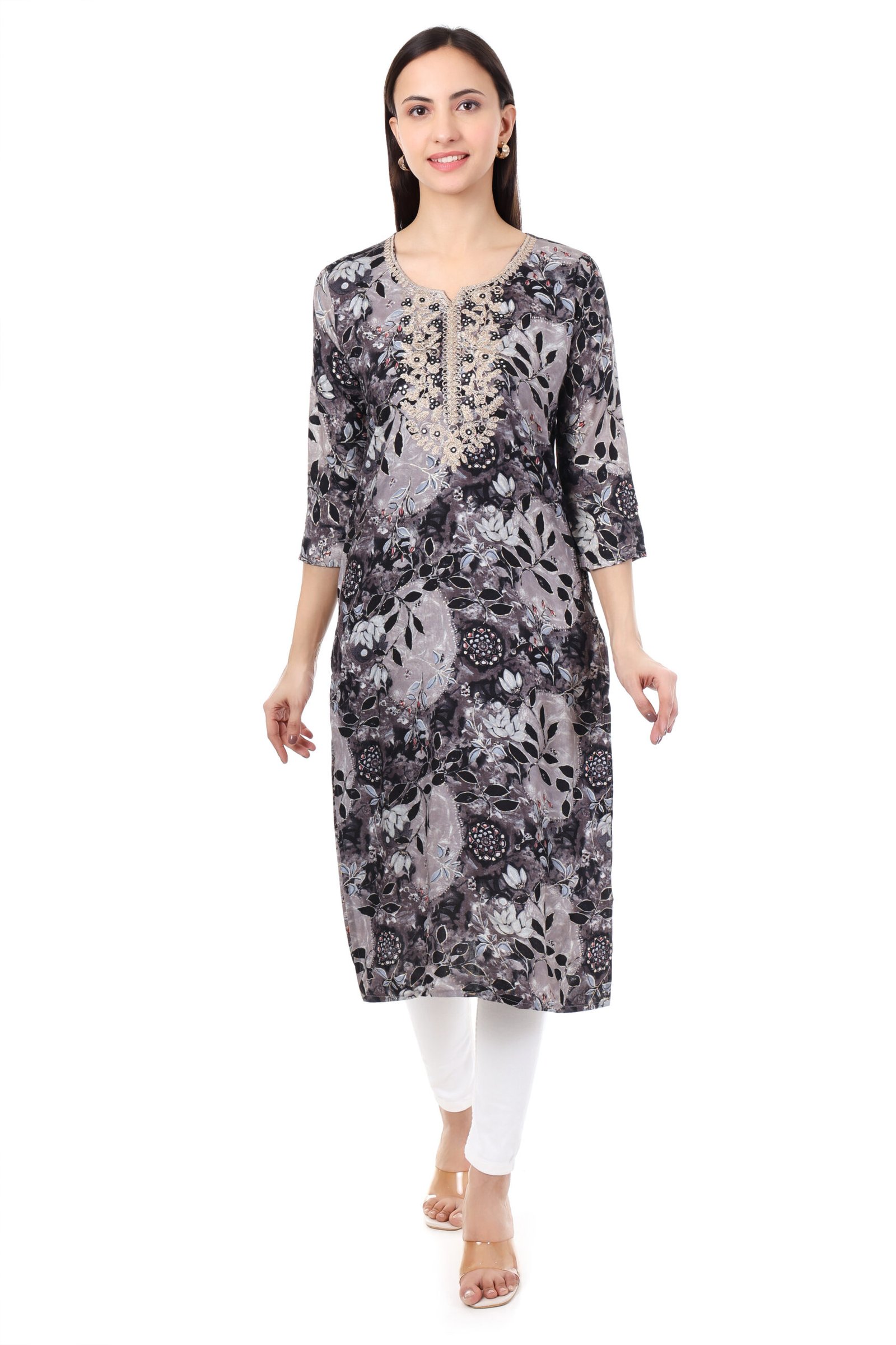 MR ANDERSON'S Women's Floral Print Straight Kurta, 3/4 Sleeve, Grey and Black, Embellished Neckline ( Only Kurti )