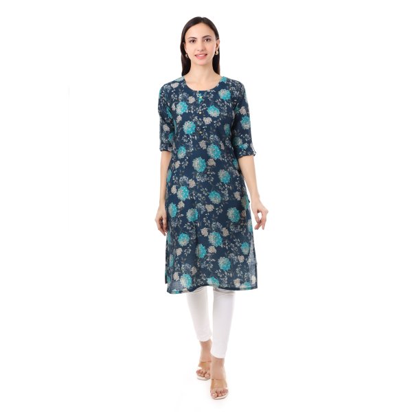 MR ANDERSON'S Women's Floral Print Straight Kurta, Navy Blue with Turquoise, 3/4 Sleeve, Casual Wear ( Only Kurti )